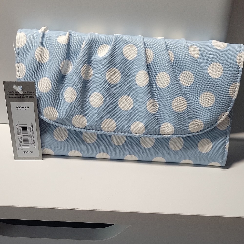 Kohl's Blue and White Polka Dot Clutch